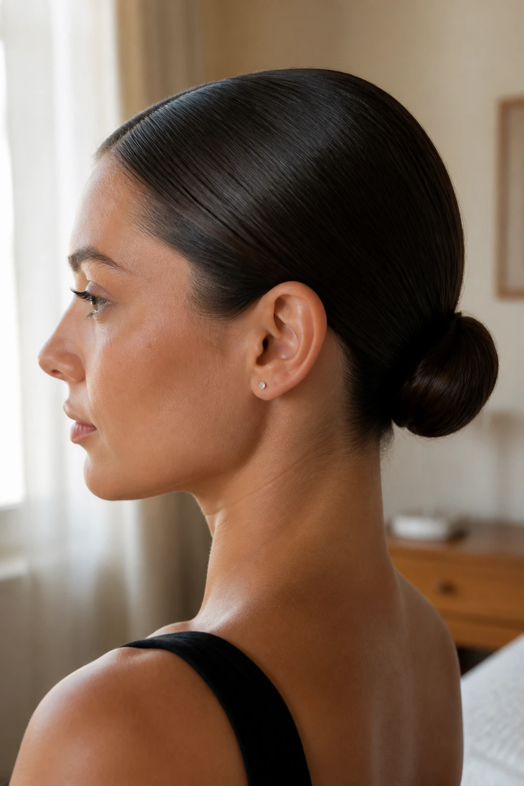 Close-up of a woman with a sleek low bun.