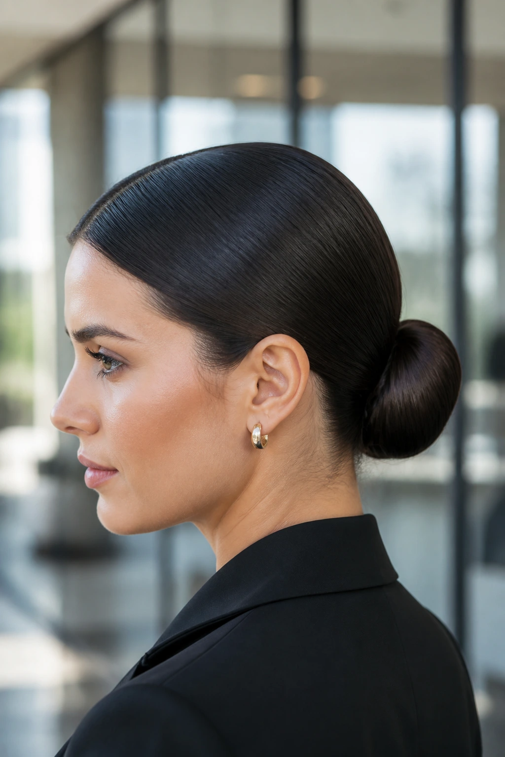 Close-up of a real woman with a center-part sleek low bun in a modern office setting