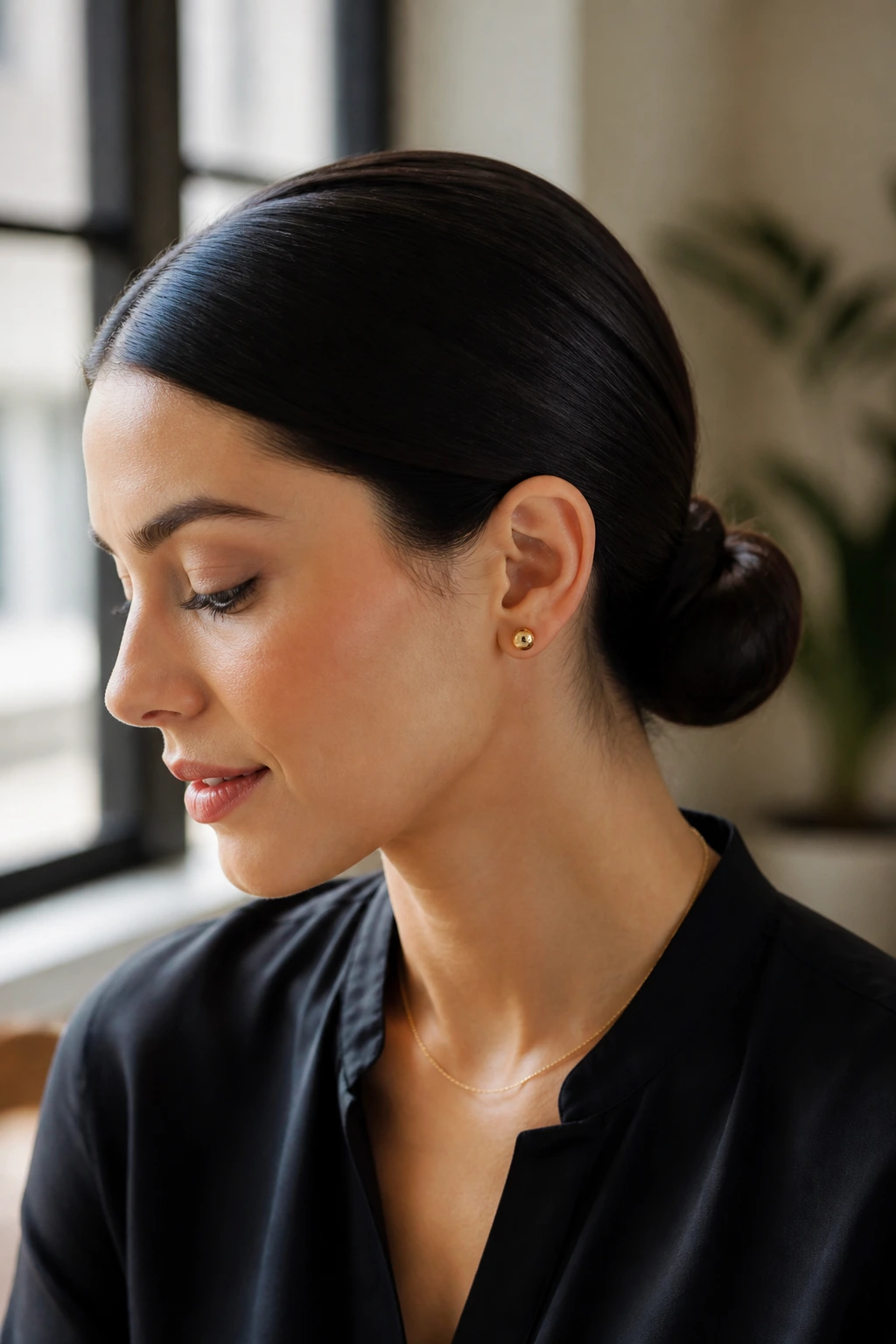 Close-up of a real woman with a sleek low bun at the nape