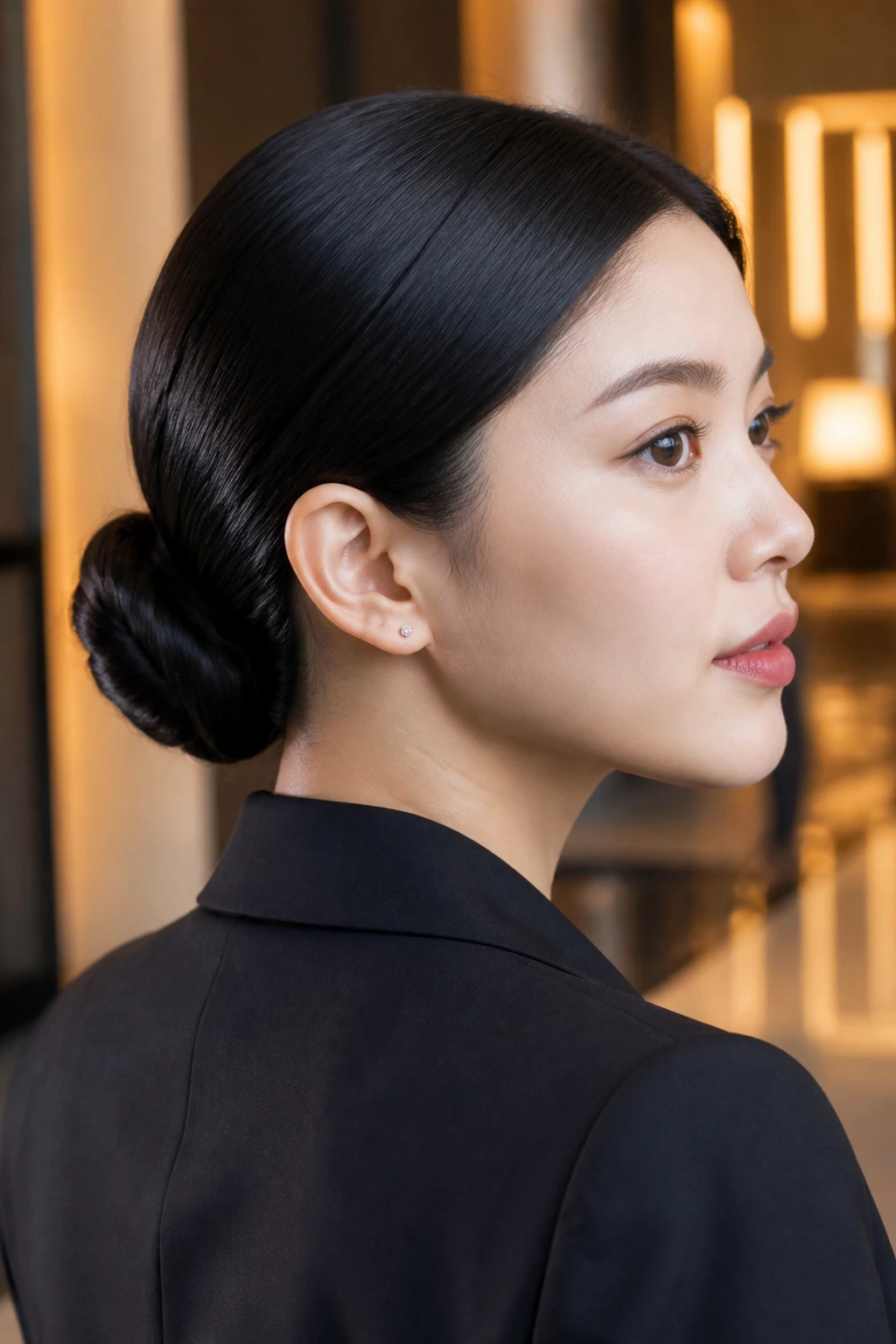 Close-up portrait of a real person with a sleek low bun at the nape of the neck