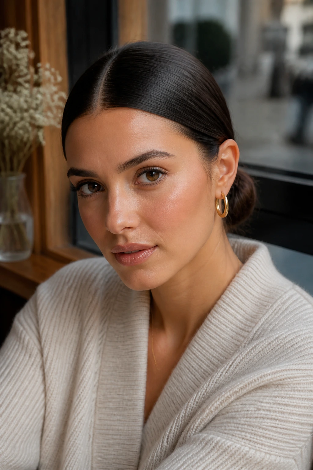 Close-up of a real woman with a sleek center-part and low bun at the nape