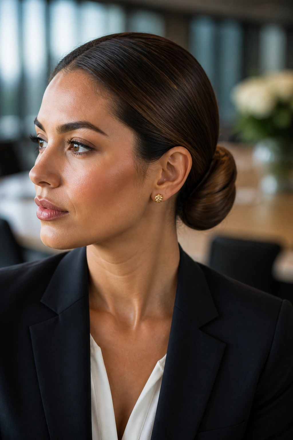 Close-up of a real woman with a sleek low chignon in a boardroom setting.