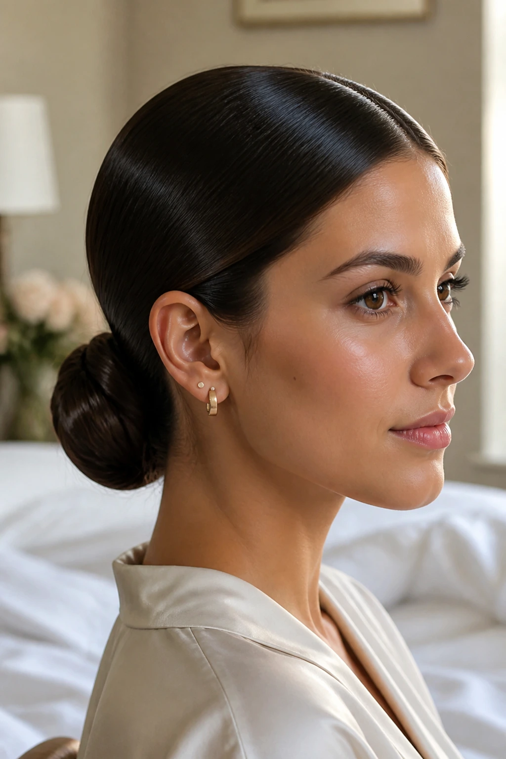 Close-up of a woman with a sleek low chignon at the nape in warm window light