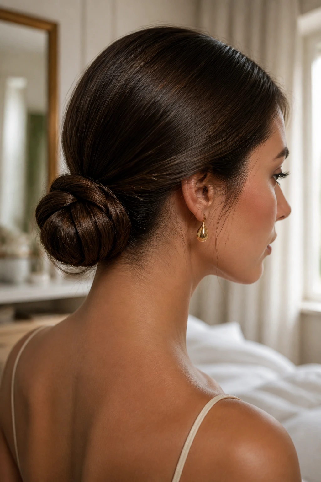 Close-up of a real woman's head with a sleek low chignon at the nape in morning light