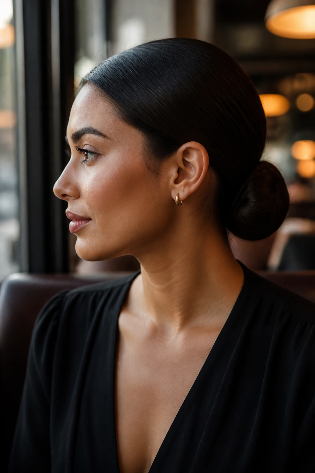 Profile of woman with sleek low chignon at nape in cafe setting
