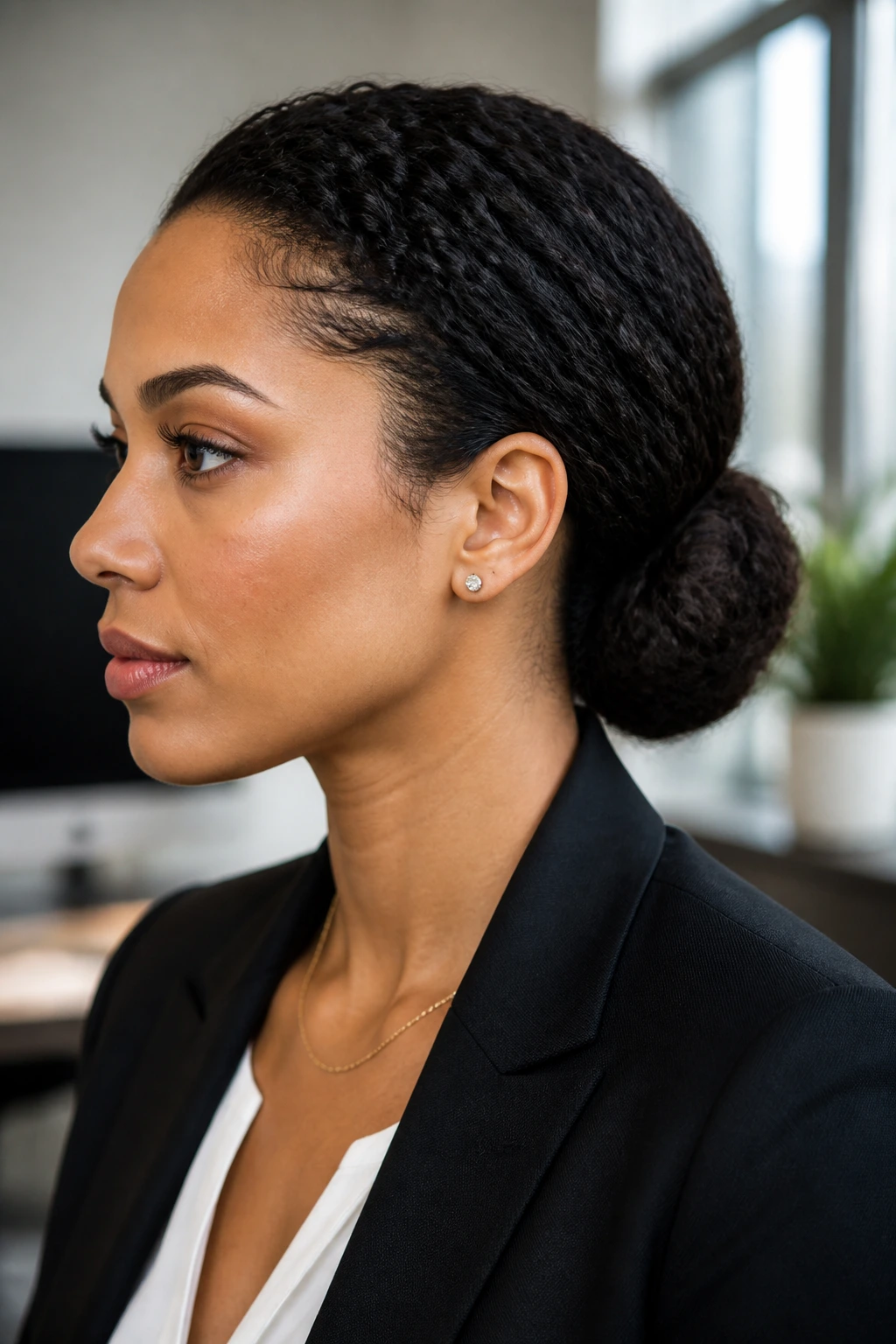 Close-up of a woman with a sleek low chignon at the nape in an office.