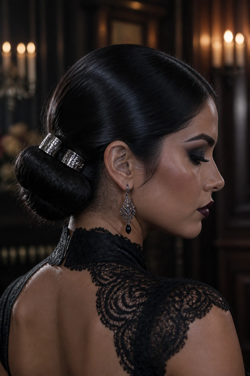 Real Latina woman with a sleek low chignon and silver accents in a gothic setting