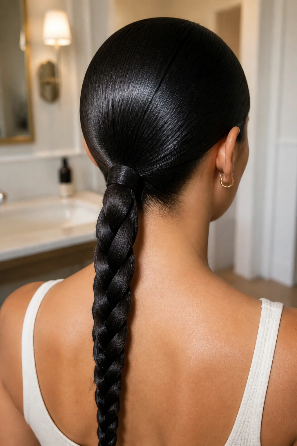 Back view of a real person showing a sleek low ponytail braided at the nape