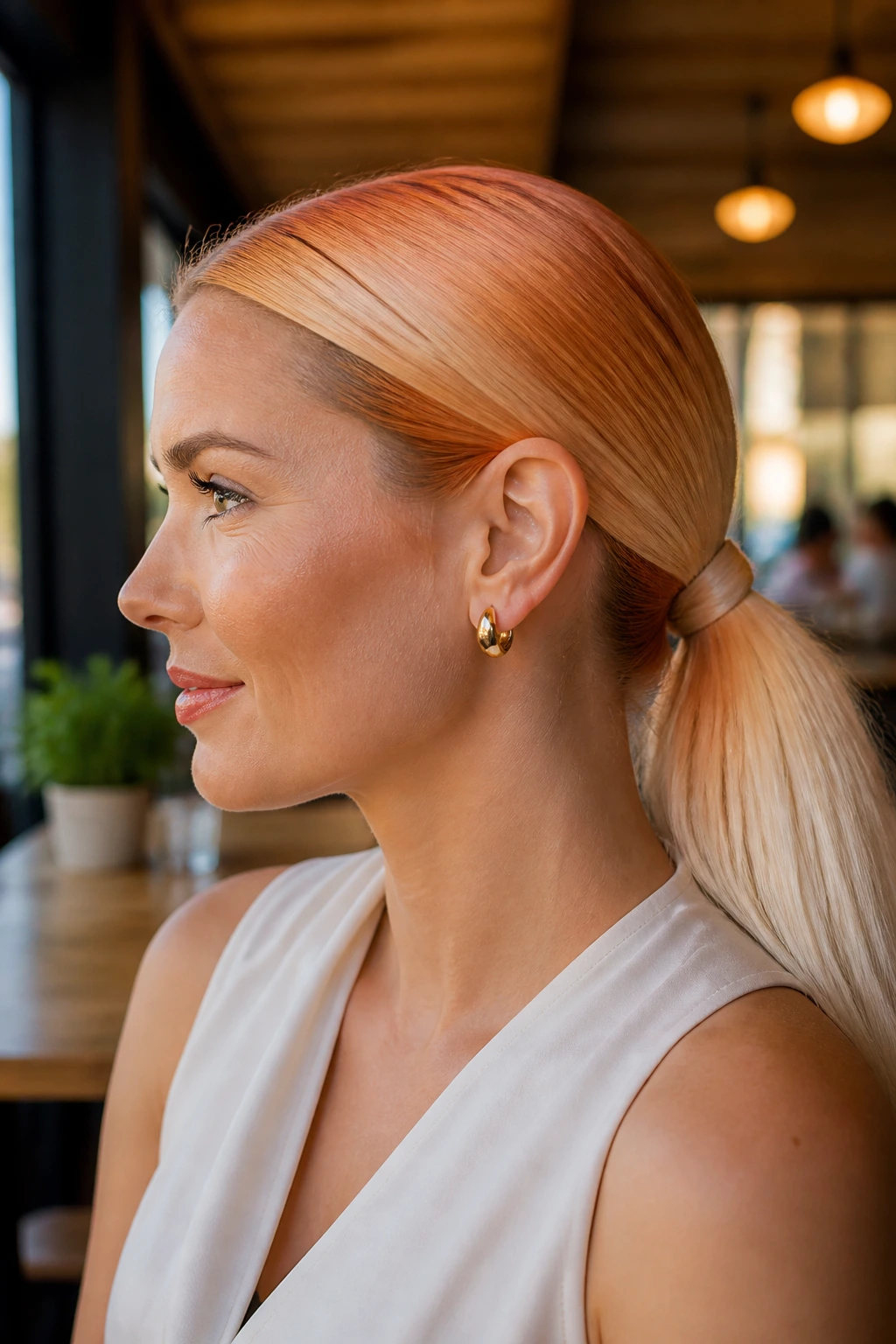 Close-up portrait of a woman with a sleek low pony displaying orange-to-vanilla ombré hair