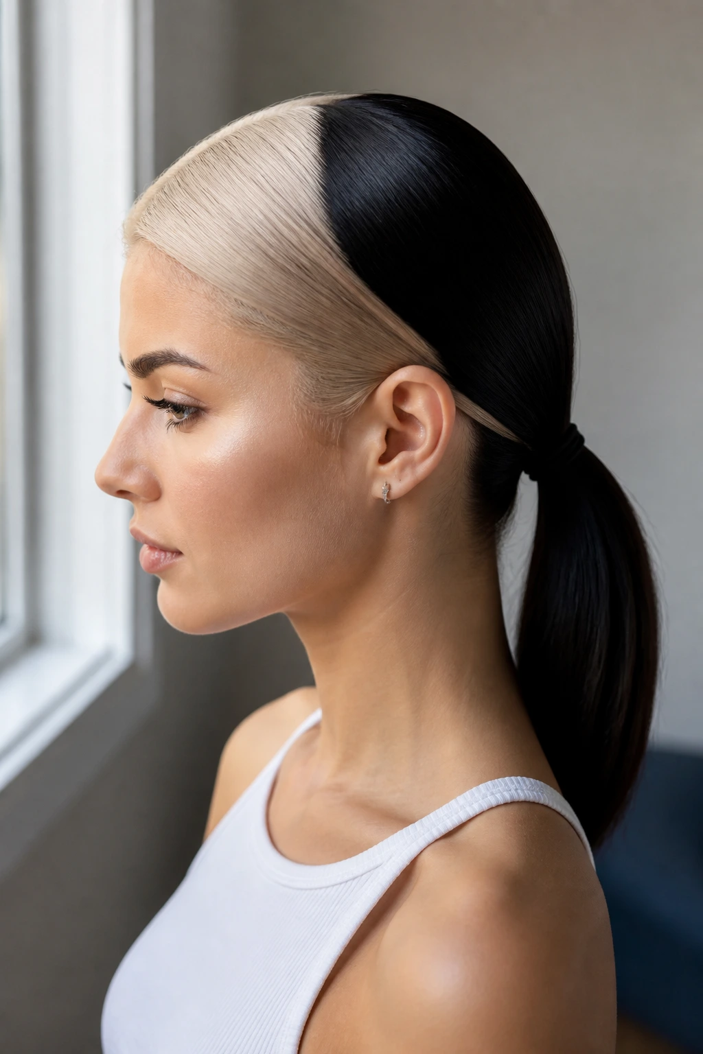 Profile shot of a real person with a sleek low pony and middle part