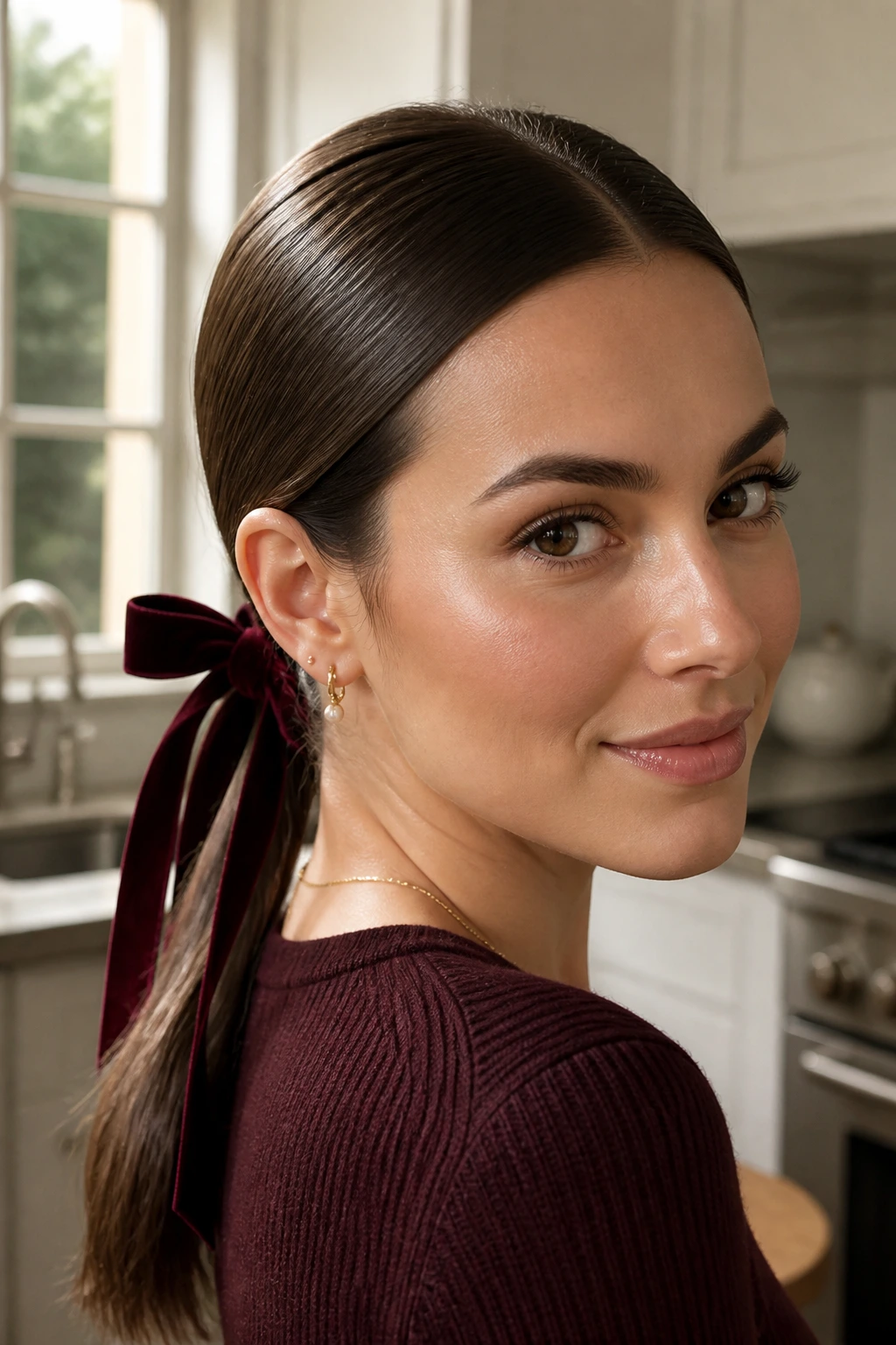 Close-up of a real person with a sleek low pony wrapped with a ribbon