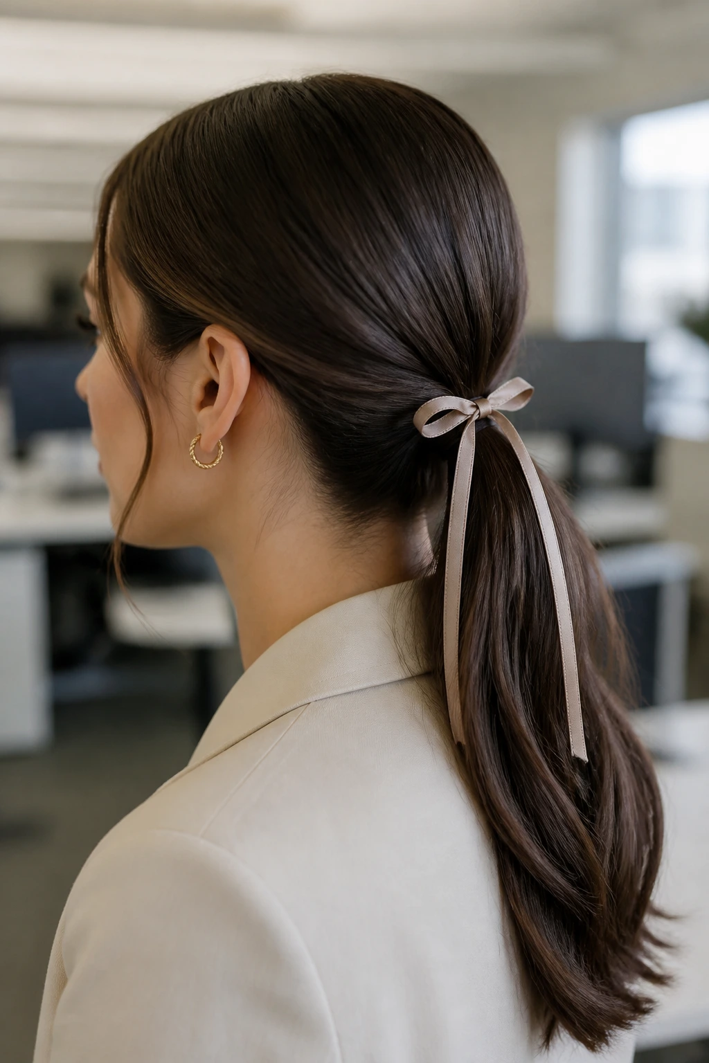 Close-up of a woman with a sleek low ponytail and ribbon in an office setting