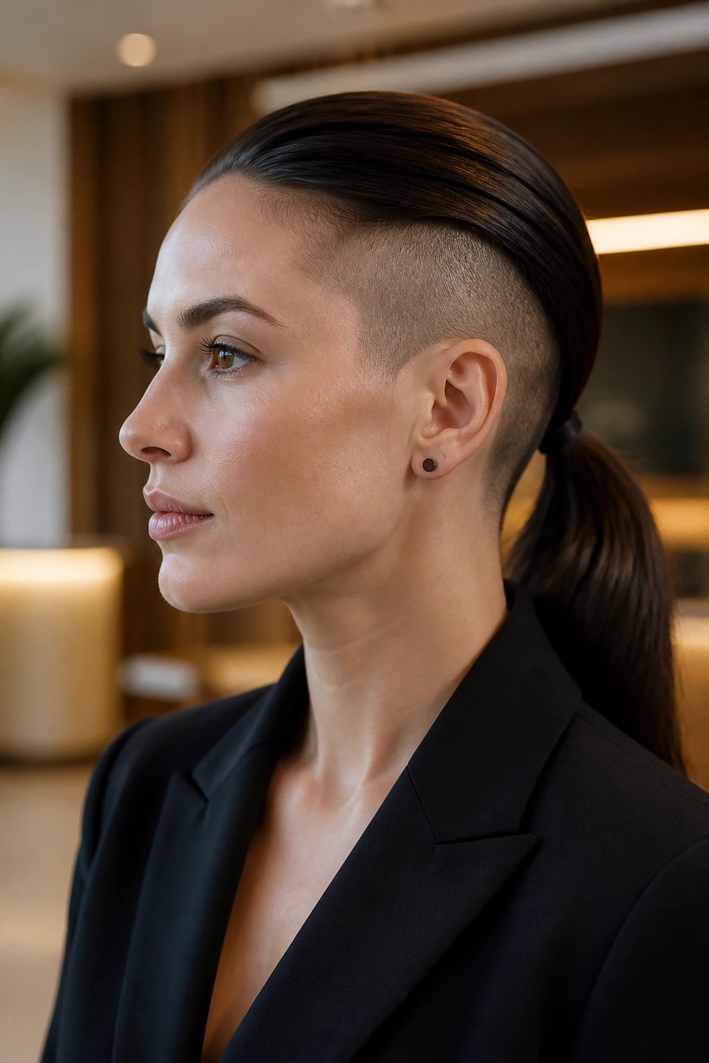 Close-up of a real person with a sleek low pony undercut at the nape and shaved sides
