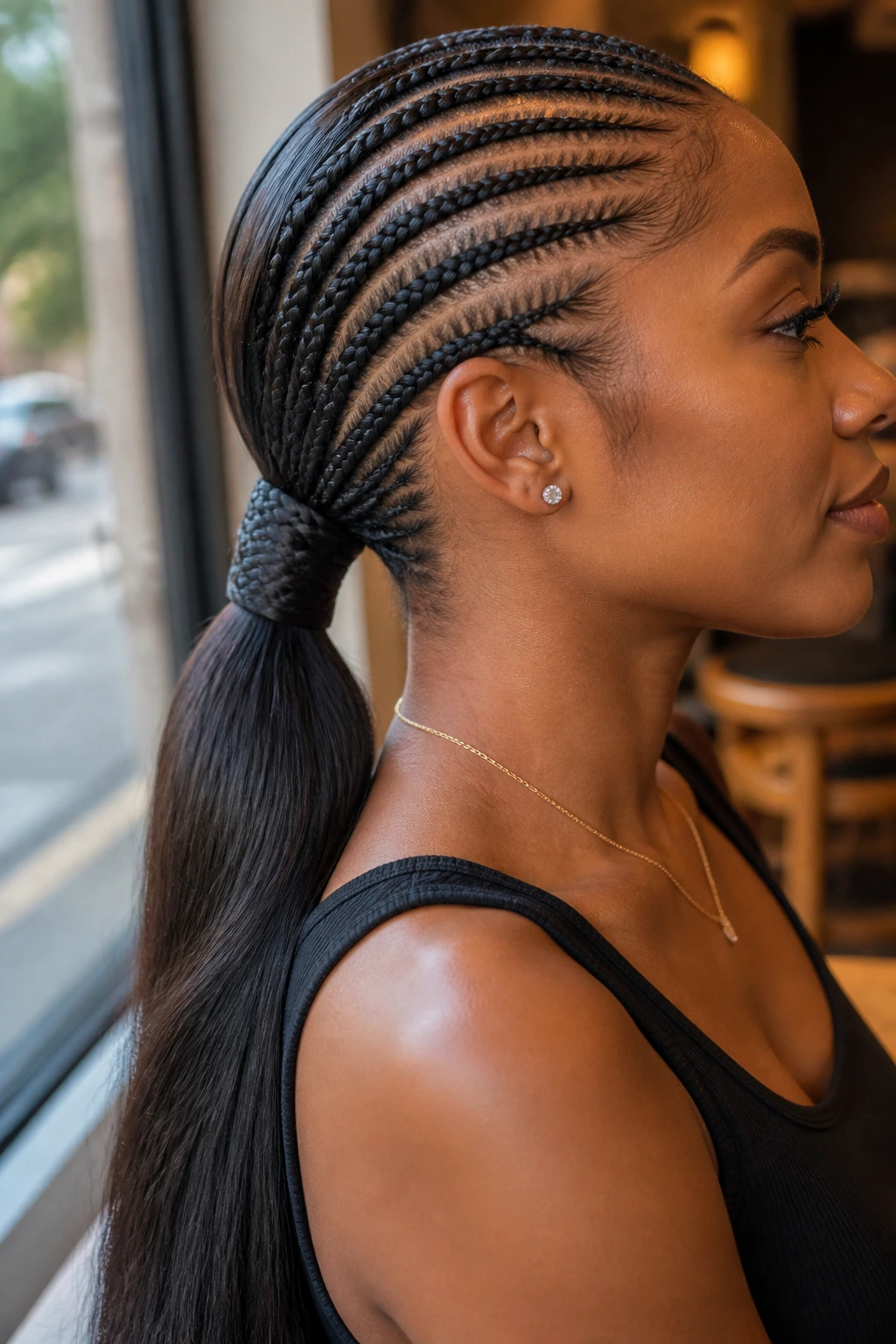 Close-up portrait of a real woman with a sleek low ponytail and wrapped base.