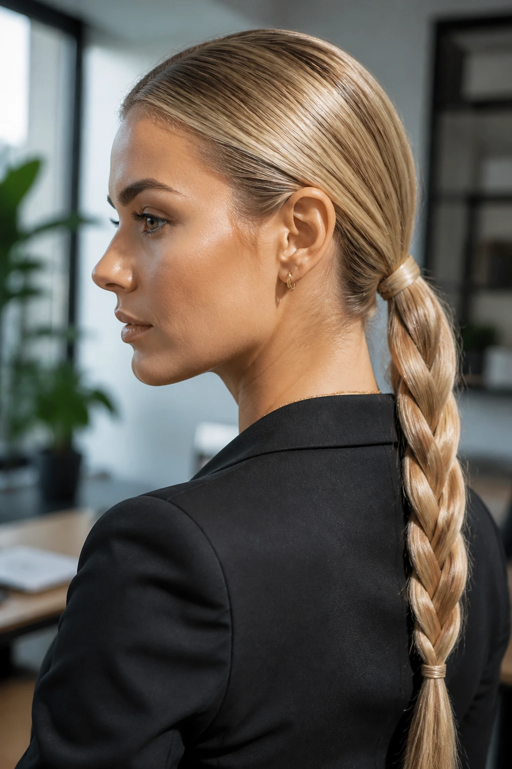 Close-up of a real blonde woman with a sleek low ponybraid at the nape of the neck
