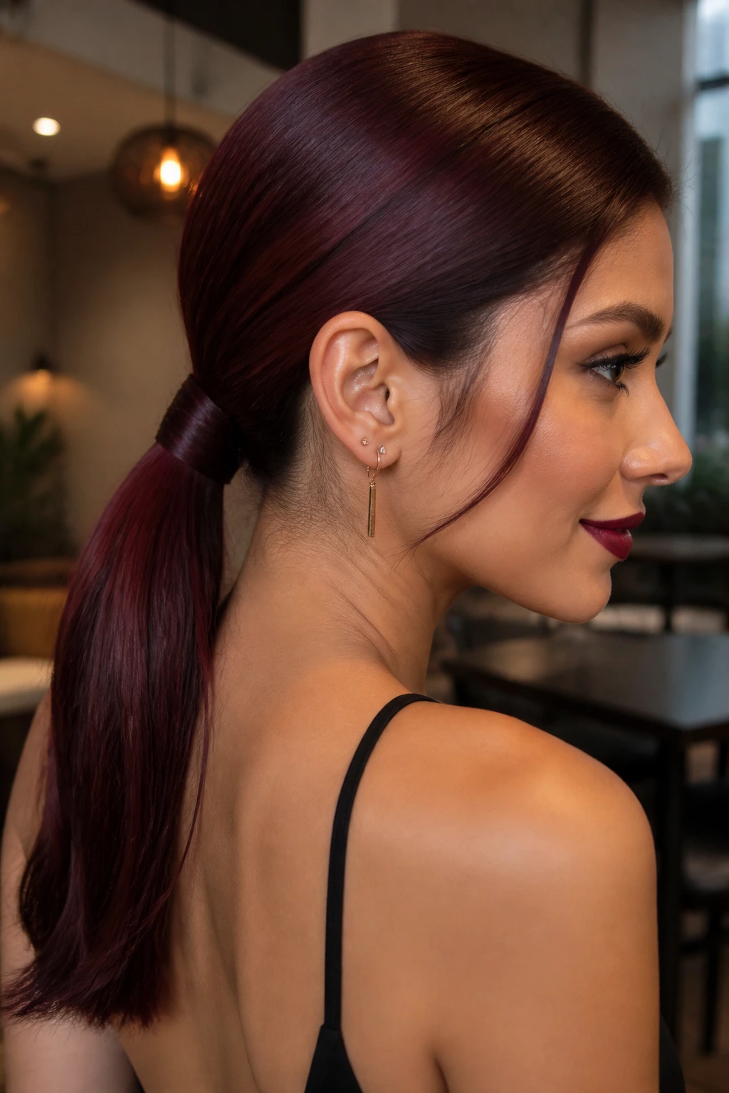 Close-up portrait of a real woman with a sleek low ponytail and wrap in maroon hair