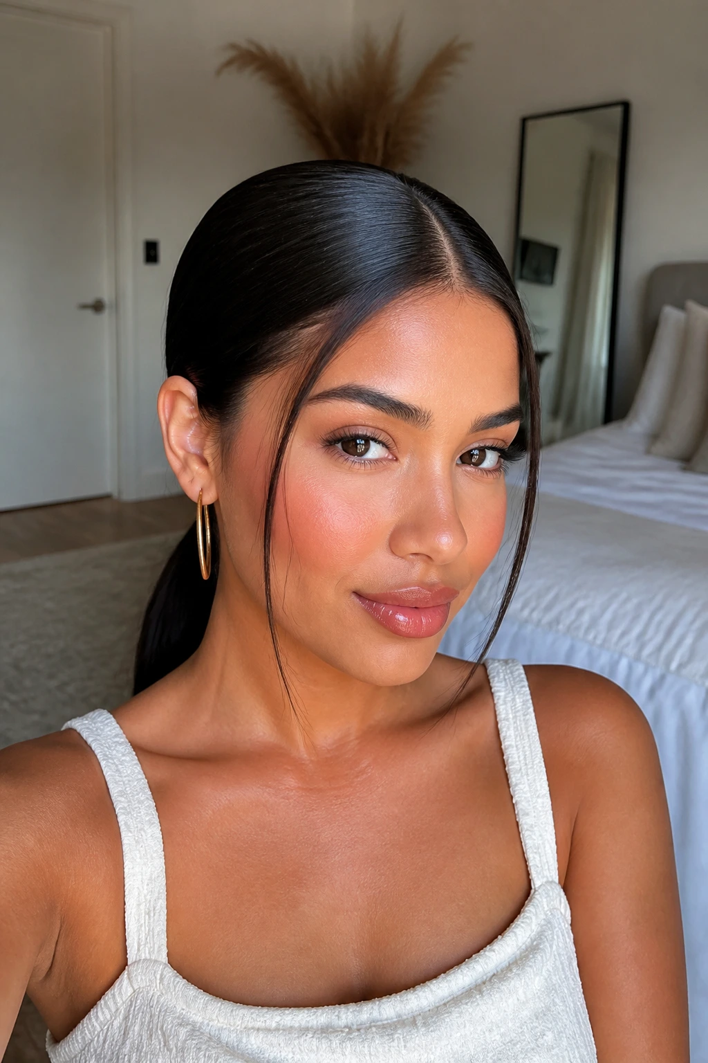 Close-up of Sleek Low Ponytail With A Part on a real woman, center-part and glossy low ponytail