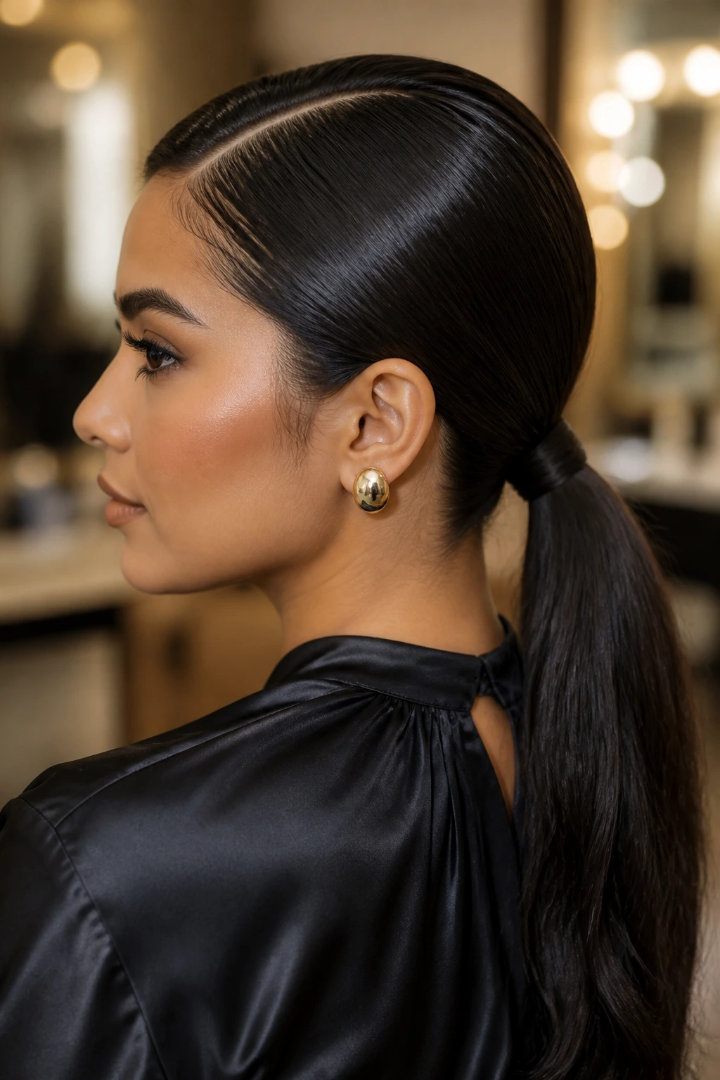 Portrait of a real woman with a sleek low ponytail wrap hairstyle