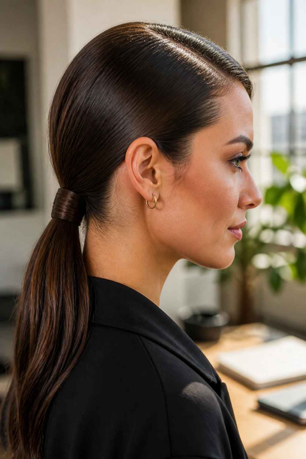 Close-up of a woman with a sleek low ponytail wrapped around the base.