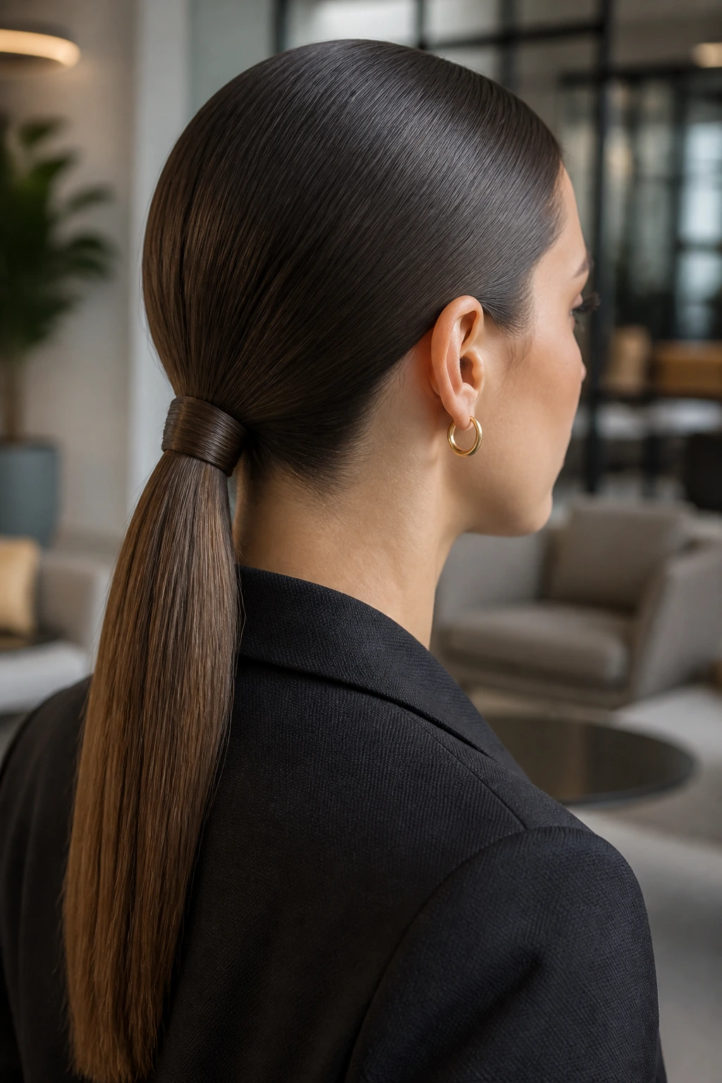 Close-up of a real woman with a sleek low ponytail wrapped at the base