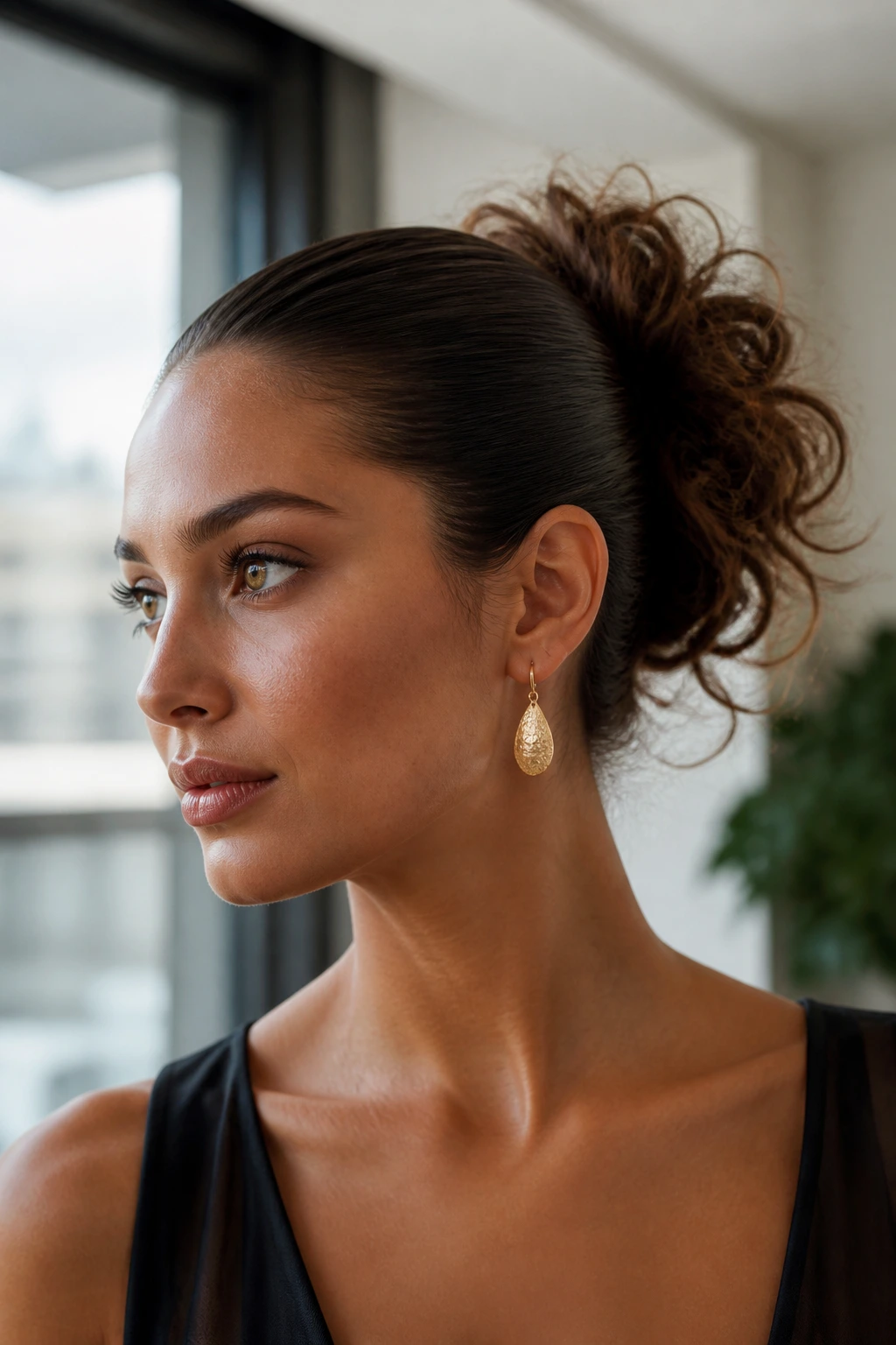 Close-up of a real woman showcasing sleek crown and messy bun contrast