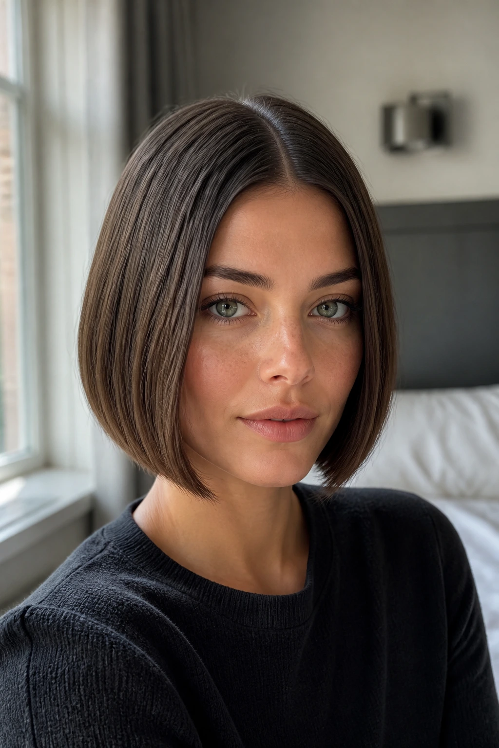 Close-up portrait of a real woman with a sleek middle-part bob in neutral brown under natural window light