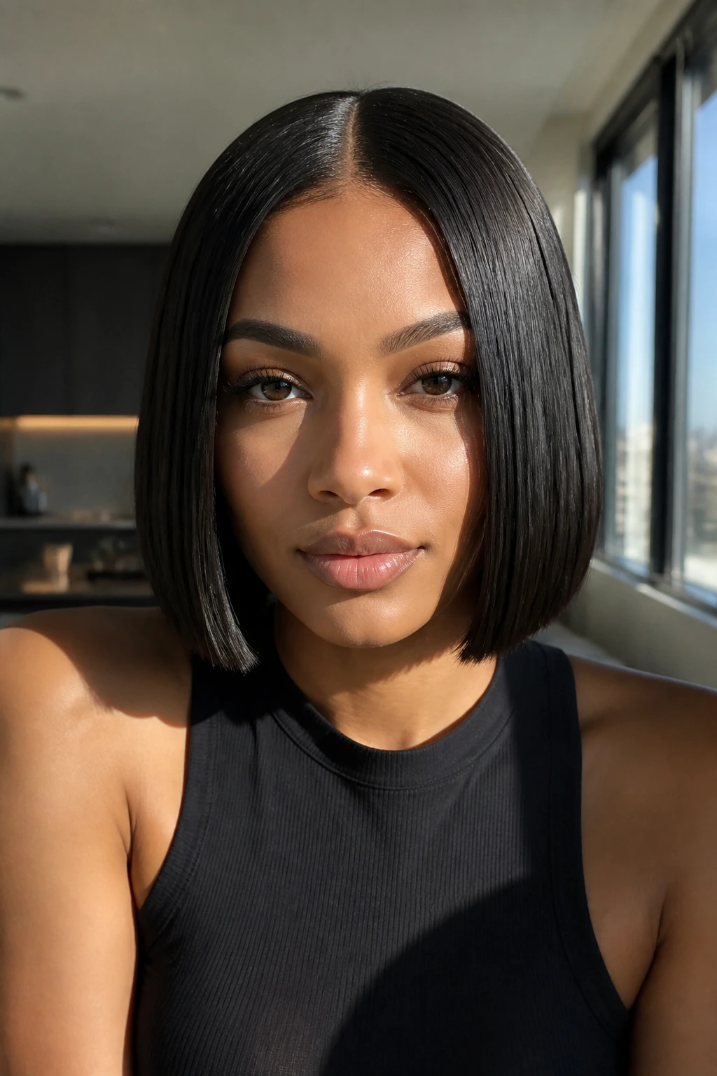 Close-up of a real woman with a sleek middle-part chin-length bob lit by natural window light