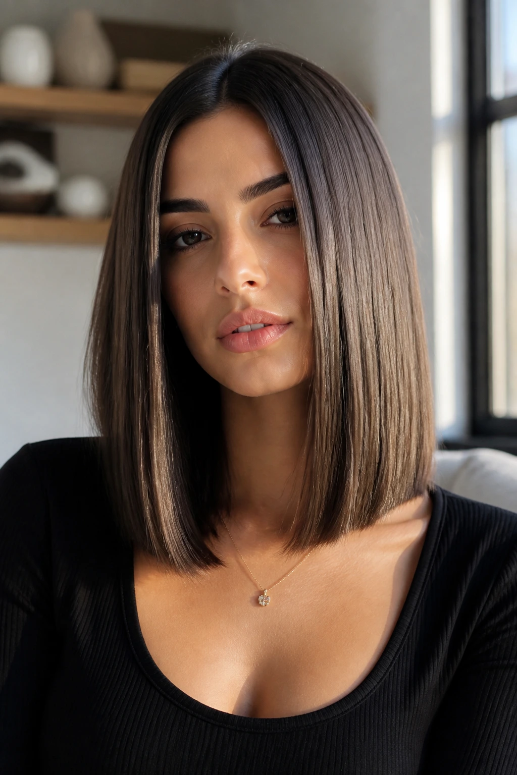 Portrait of a woman with sleek one-length cut showing high shine