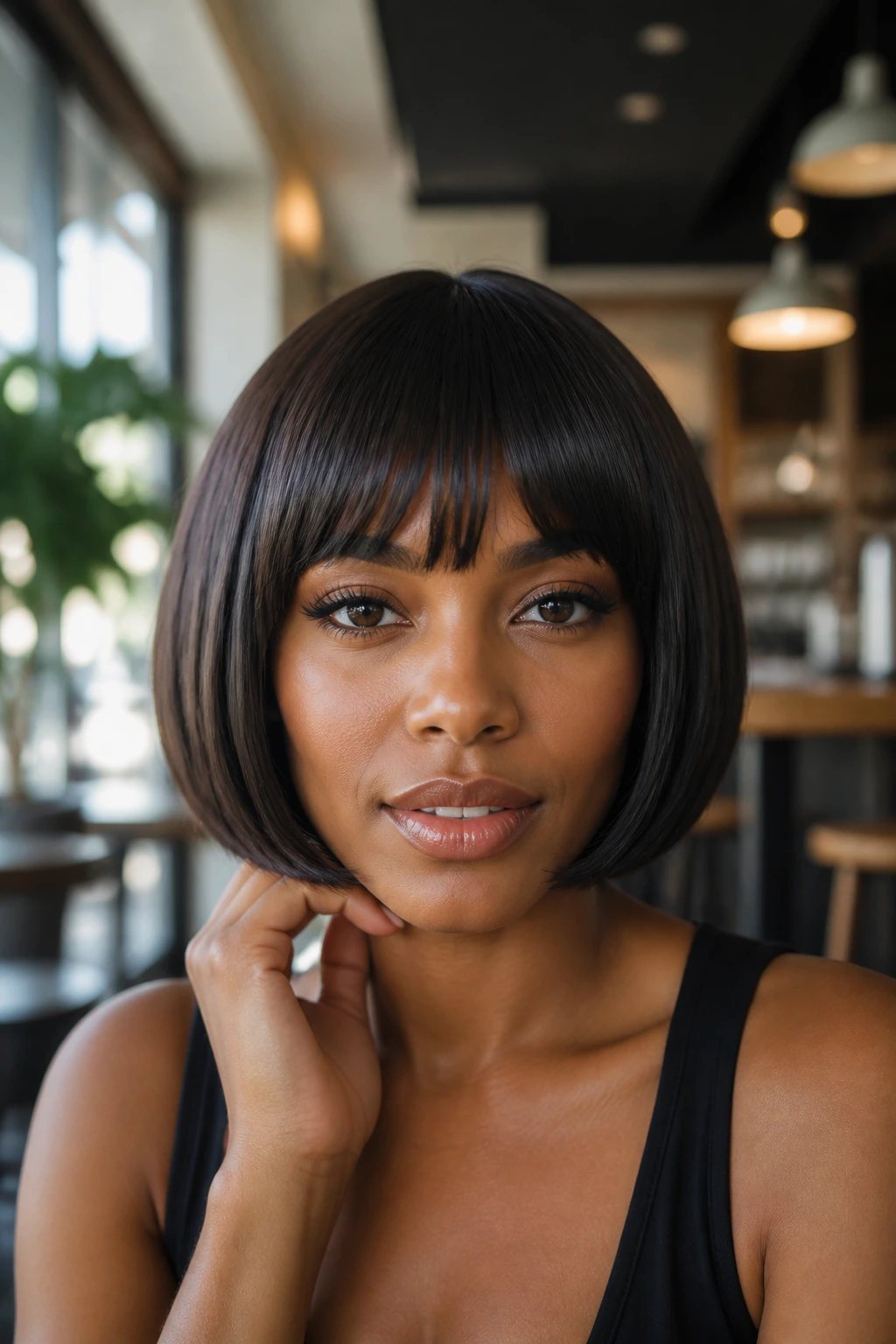 Close-up of a woman with a sleek, rounded pageboy hairstyle.