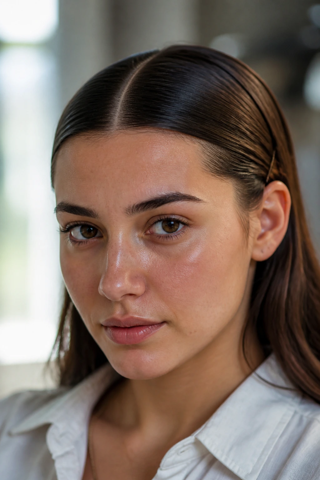 Close-up portrait of a real woman with a razor-sharp part and slicked front sections above the ears