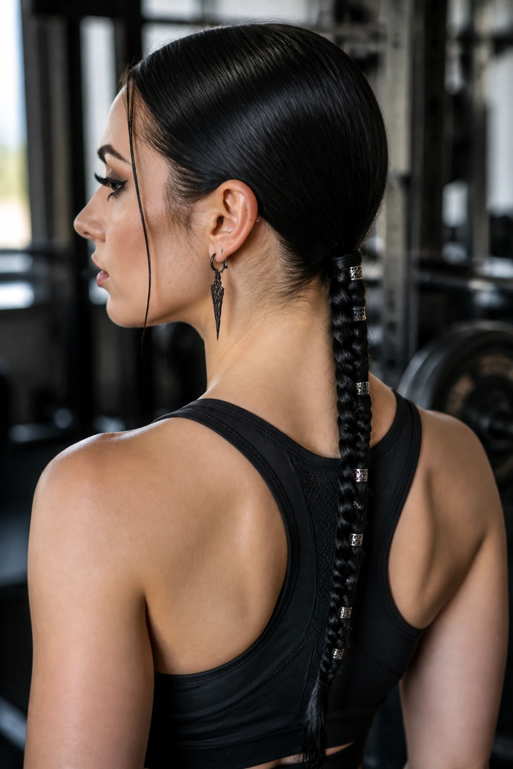 Close-up of a real woman wearing a sleek low-neckline plait in a gym setting