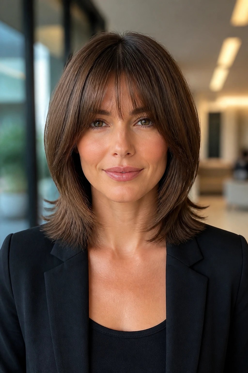 Close-up of a real woman with a sleek polished shag and face-framing bangs in a bright office lobby
