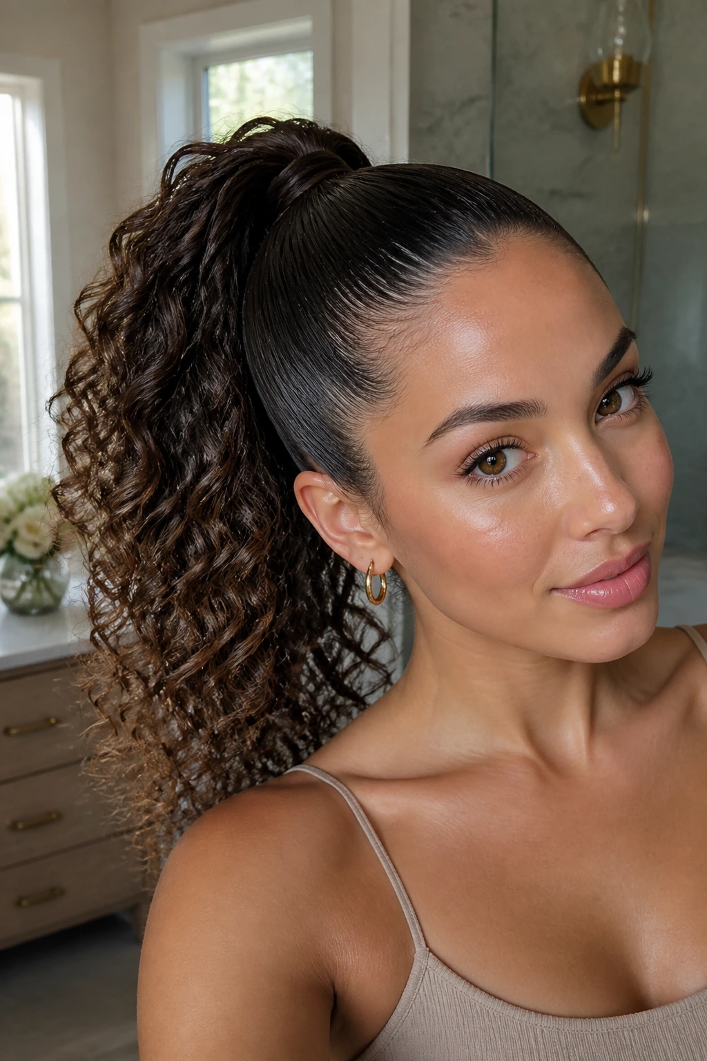 Portrait of a real woman with a sleek-back high pony and curly ends