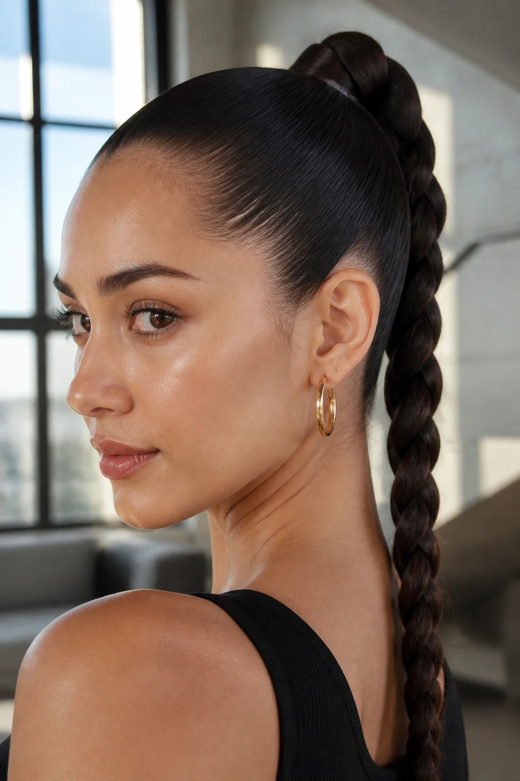 Close-up of a woman with sleek high braided ponytail