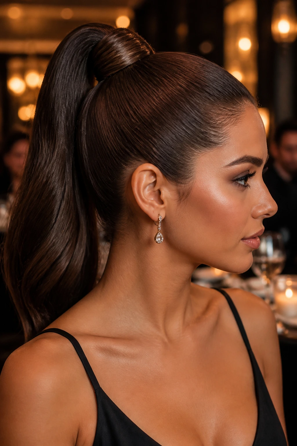 Close-up of a real woman with a sleek high ponytail wrapped base on chocolate brown hair in a warm restaurant setting