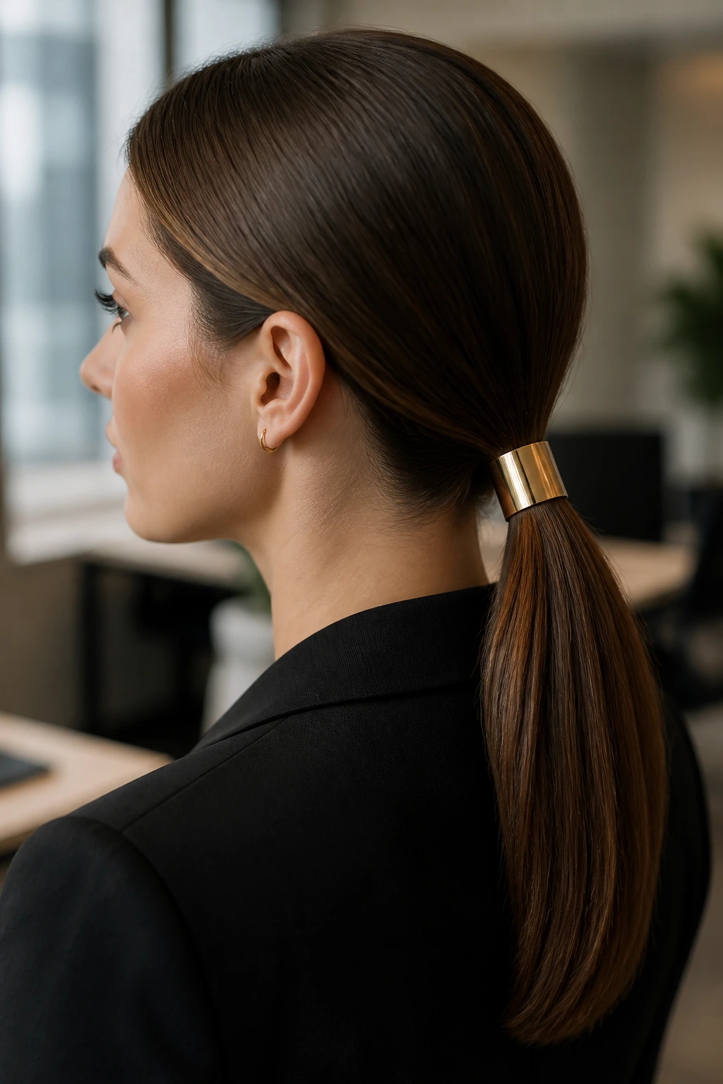 Real woman with a low sleek ponytail and metallic cuff in an office setting, portrait close-up
