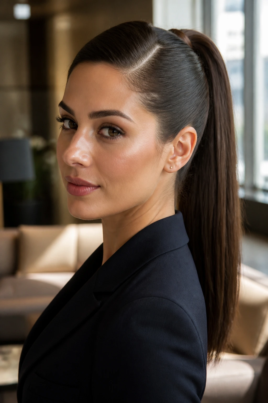 Close-up portrait of a real woman with a sleek high ponytail and deep side part