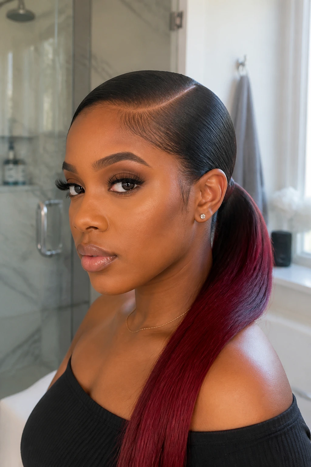 Close-up portrait of a real woman with a deep part and sleek low ponytail showing red ends.