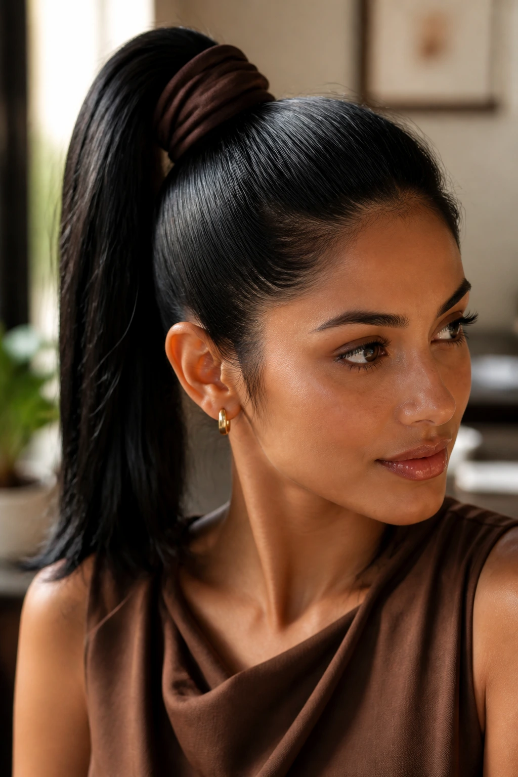 Close-up of woman with fabric-wrapped sleek high ponytail in glossy black hair