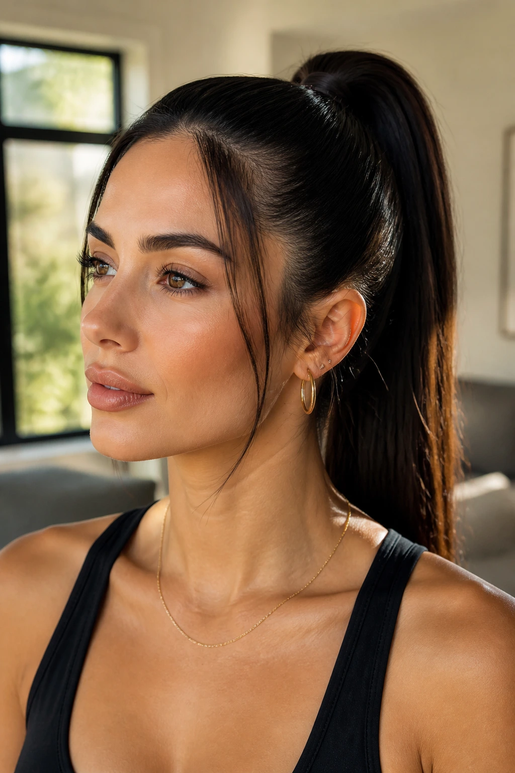 Close-up of a real woman with a sleek high ponytail and face-framing pieces in warm natural light