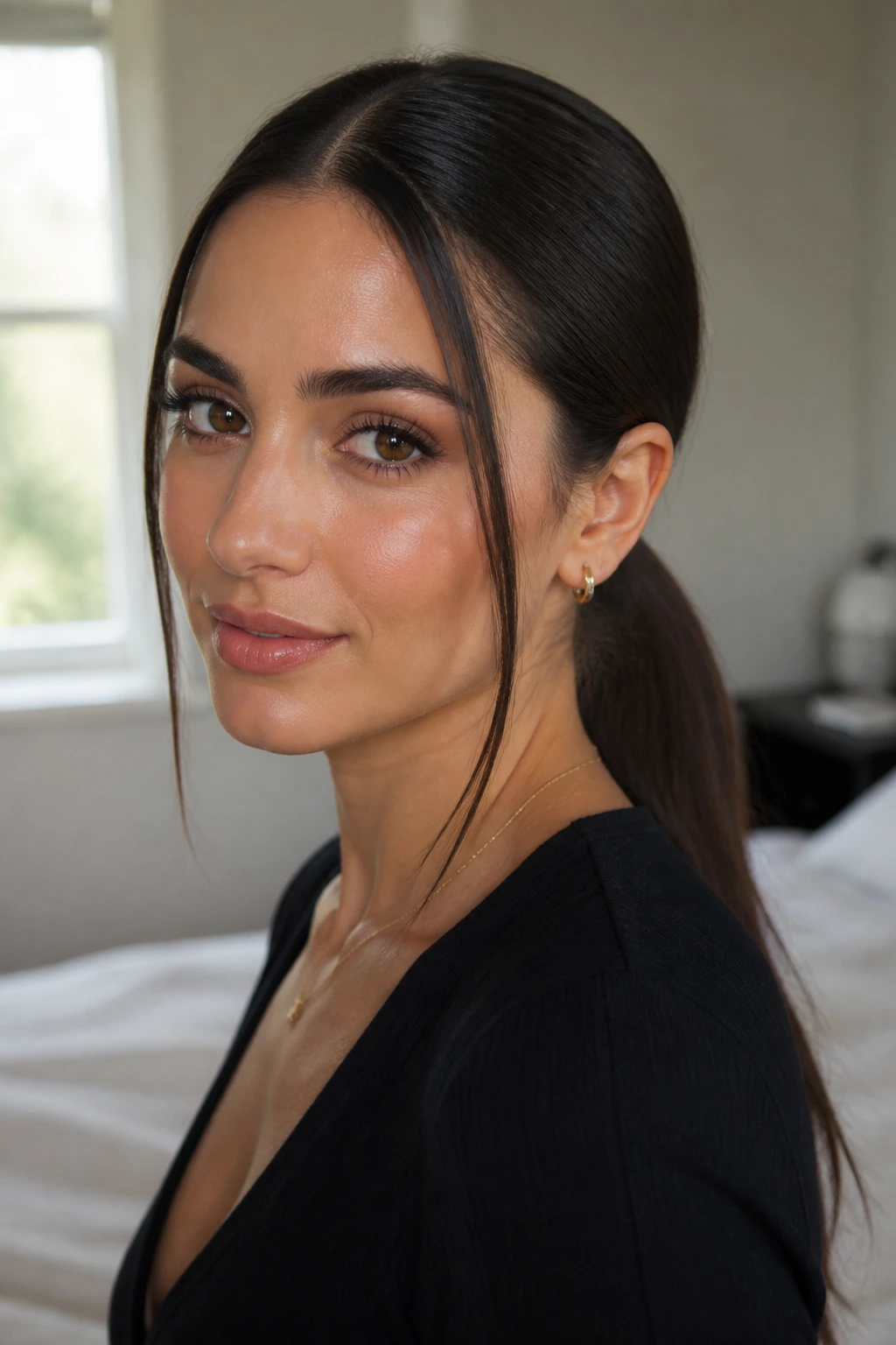 Close-up portrait of a real woman wearing a sleek low ponytail with face-framing strands