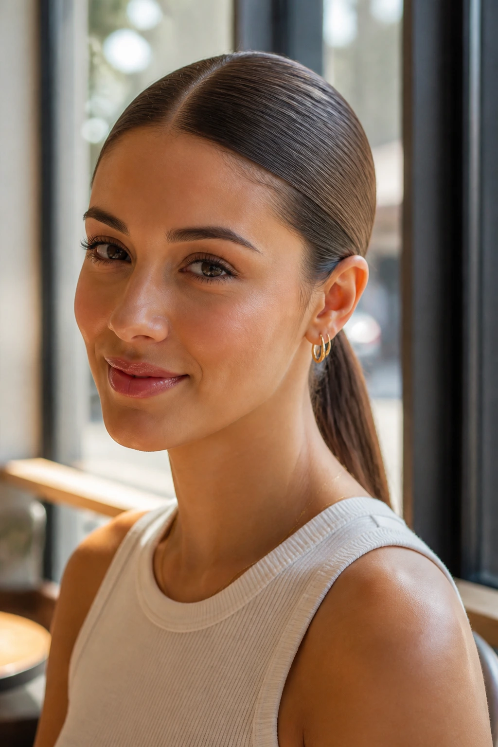 Close-up of a real woman with a sleek low ponytail and middle part in natural light