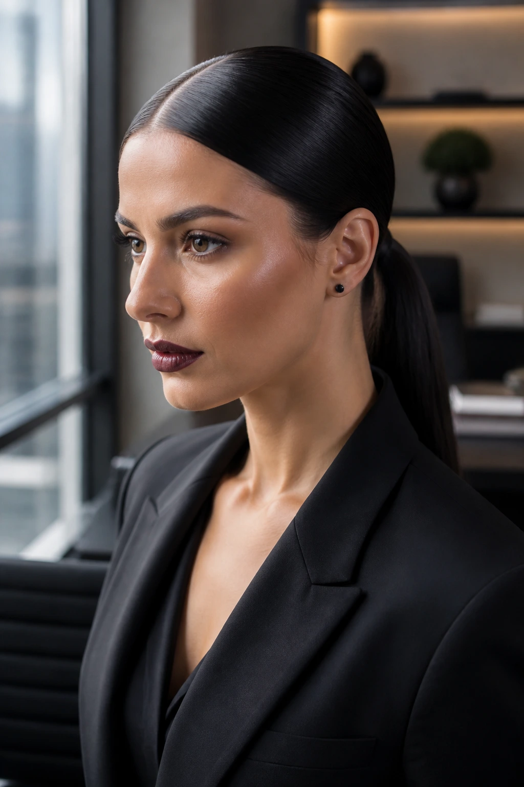 Close-up of a real person with a sleek high-gloss low ponytail in an office setting