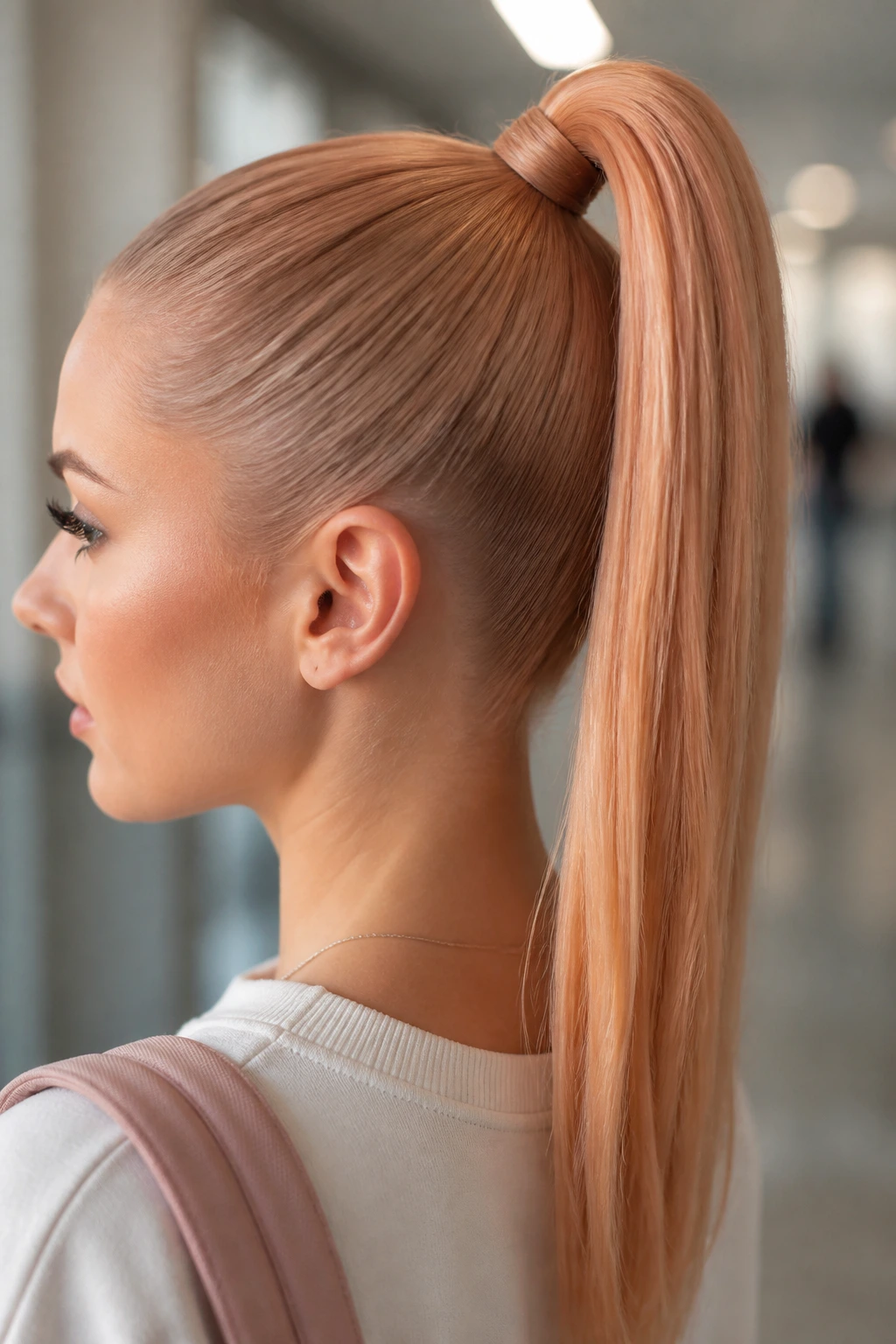 Close-up of a real person with a high sleek ponytail wrapped with a strand in peach nude hair