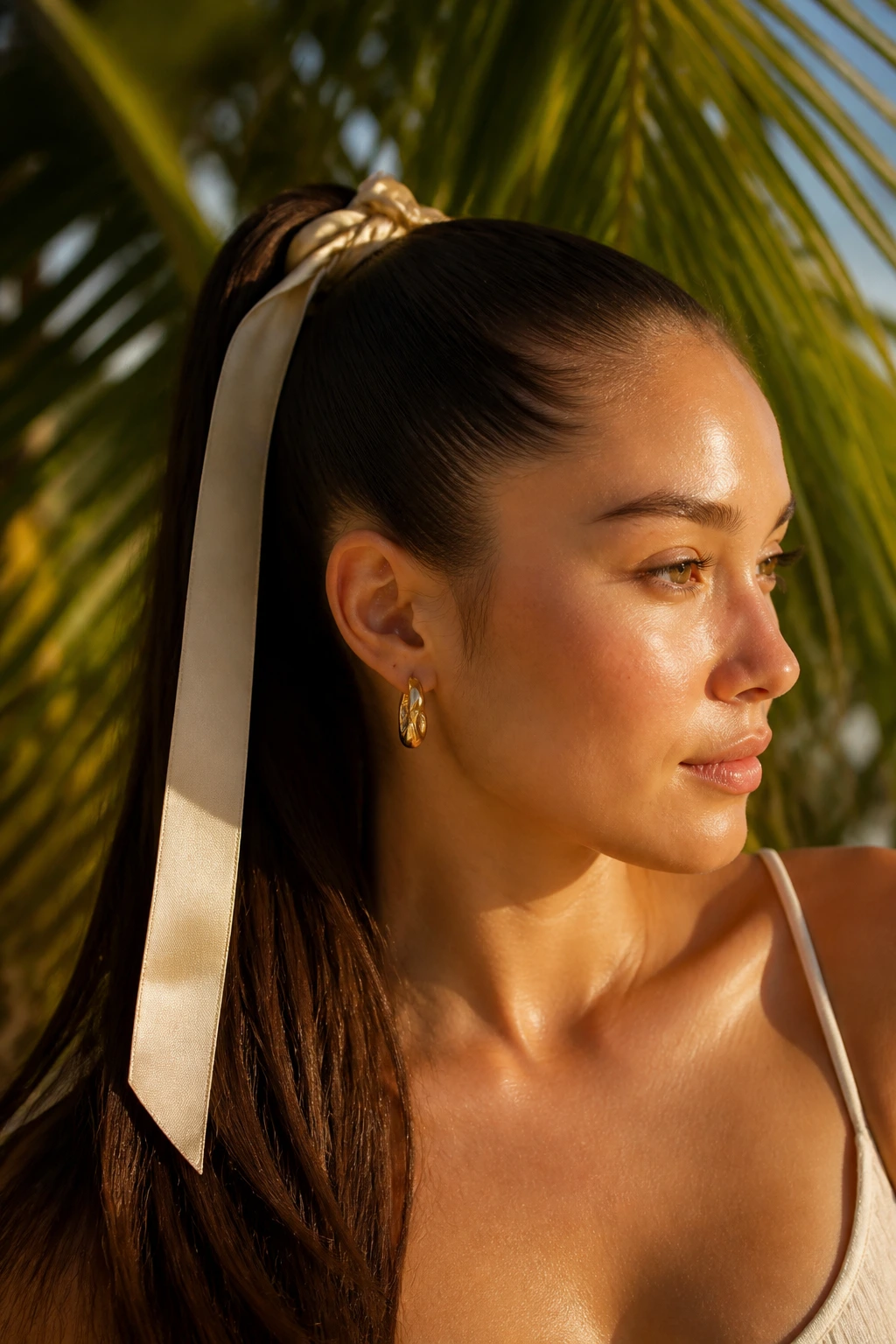 Close-up of a real woman with a sleek high pony and ribbon in a tropical outdoor setting