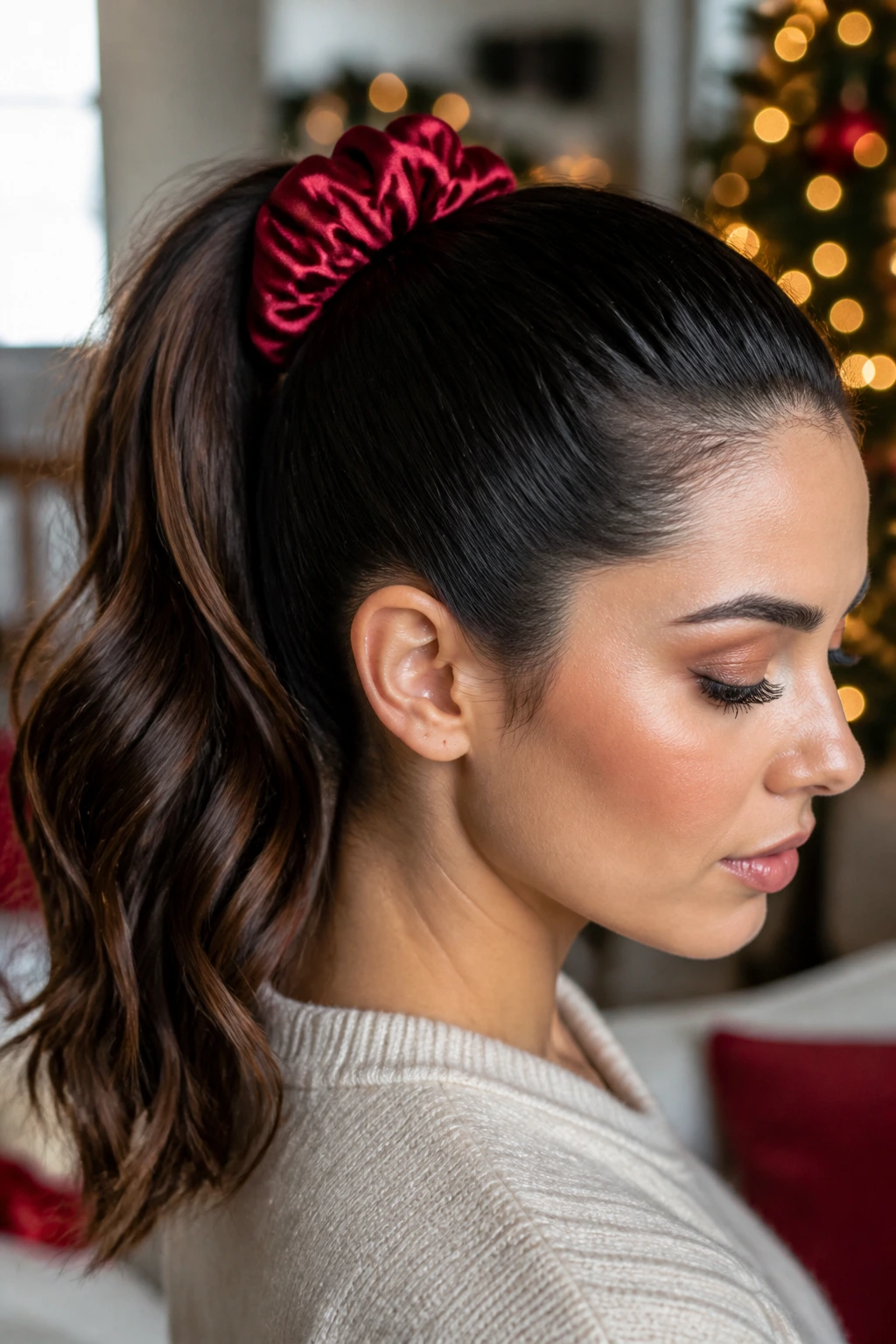 Close-up of a real woman with a sleek high ponytail and silk scrunchie in a festive setting