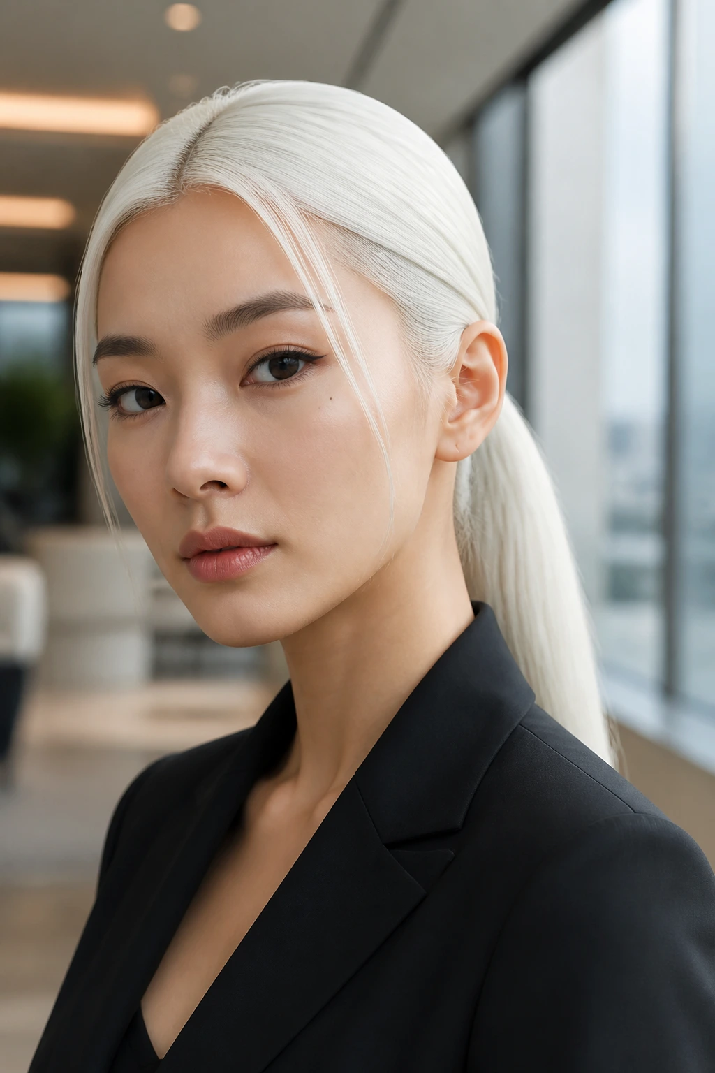 Close-up of a real person with a glossy white mid-part ponytail in natural window light