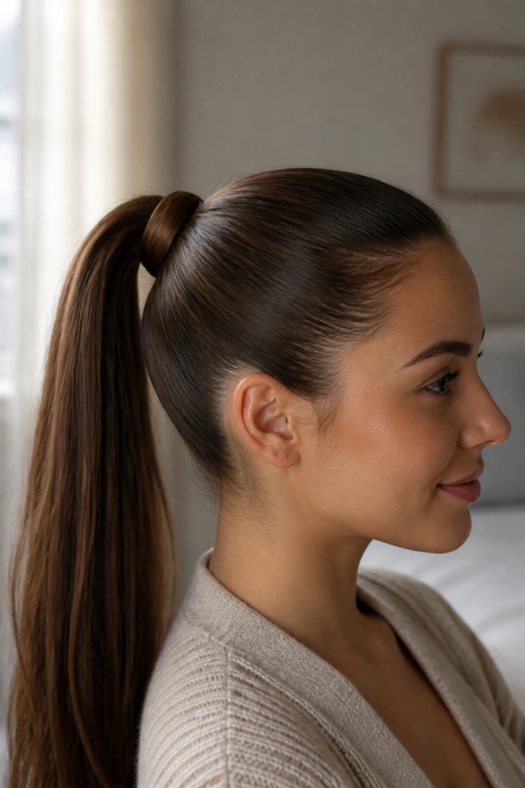 Close-up of a real person wearing a sleek high ponytail with a hair wrap