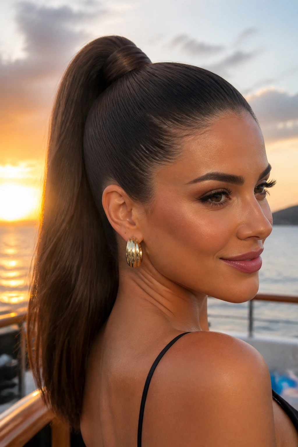 Close-up of a woman with a high ponytail wrapped base on a cruise deck at sunset.