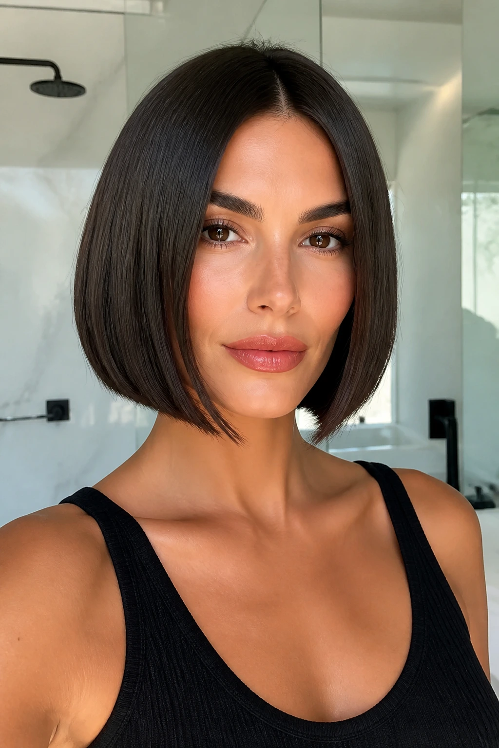 Close-up portrait of a real woman with a sleek razored bob, shiny and smooth.